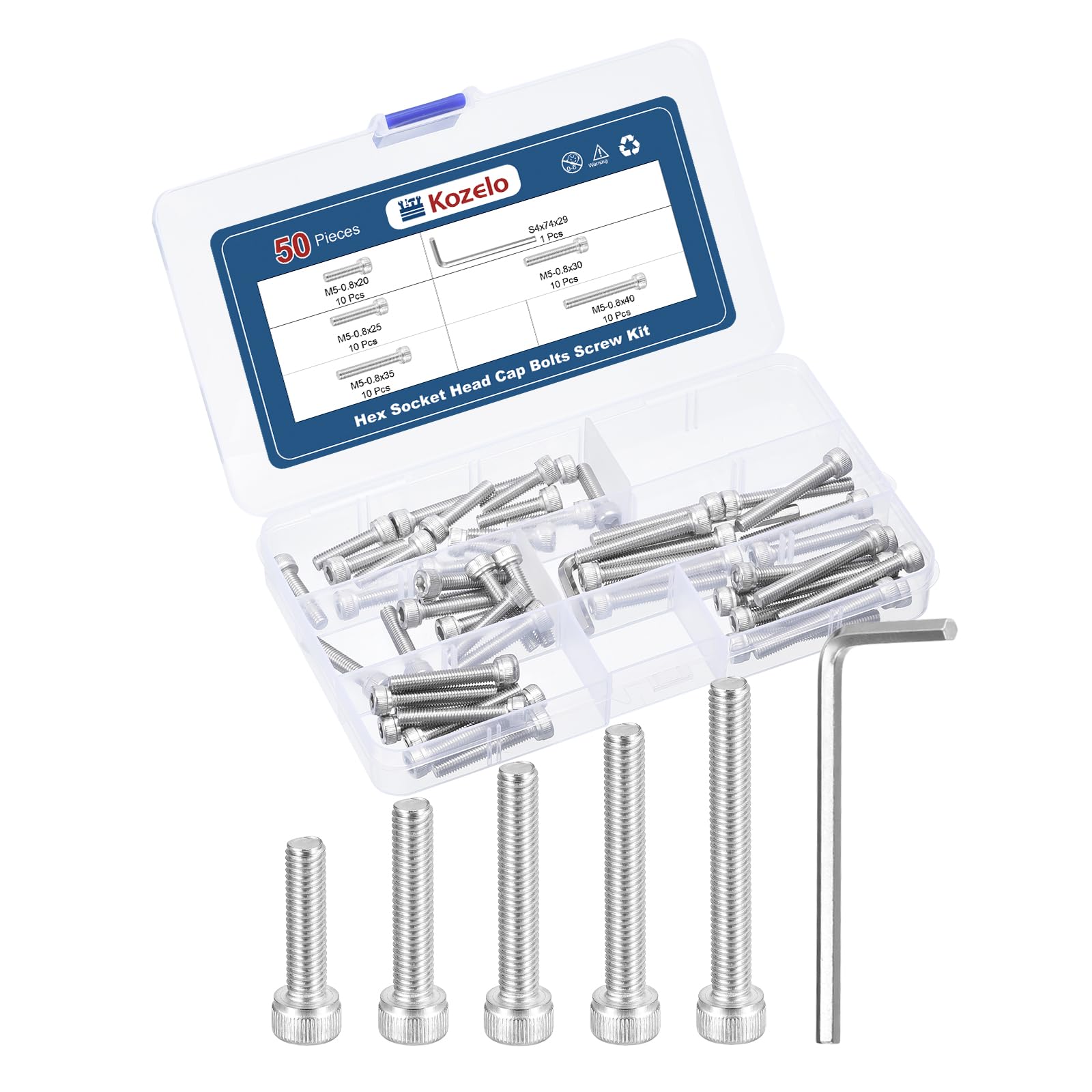 Kozelo 50pcs M5 Socket Head Cap Screws Bolts Nuts Assortment Kit - [M5x20/25/30/35/40mm] 304 Stainless Steel Allen Socket Drive for 3D Printer with Allen Wrench