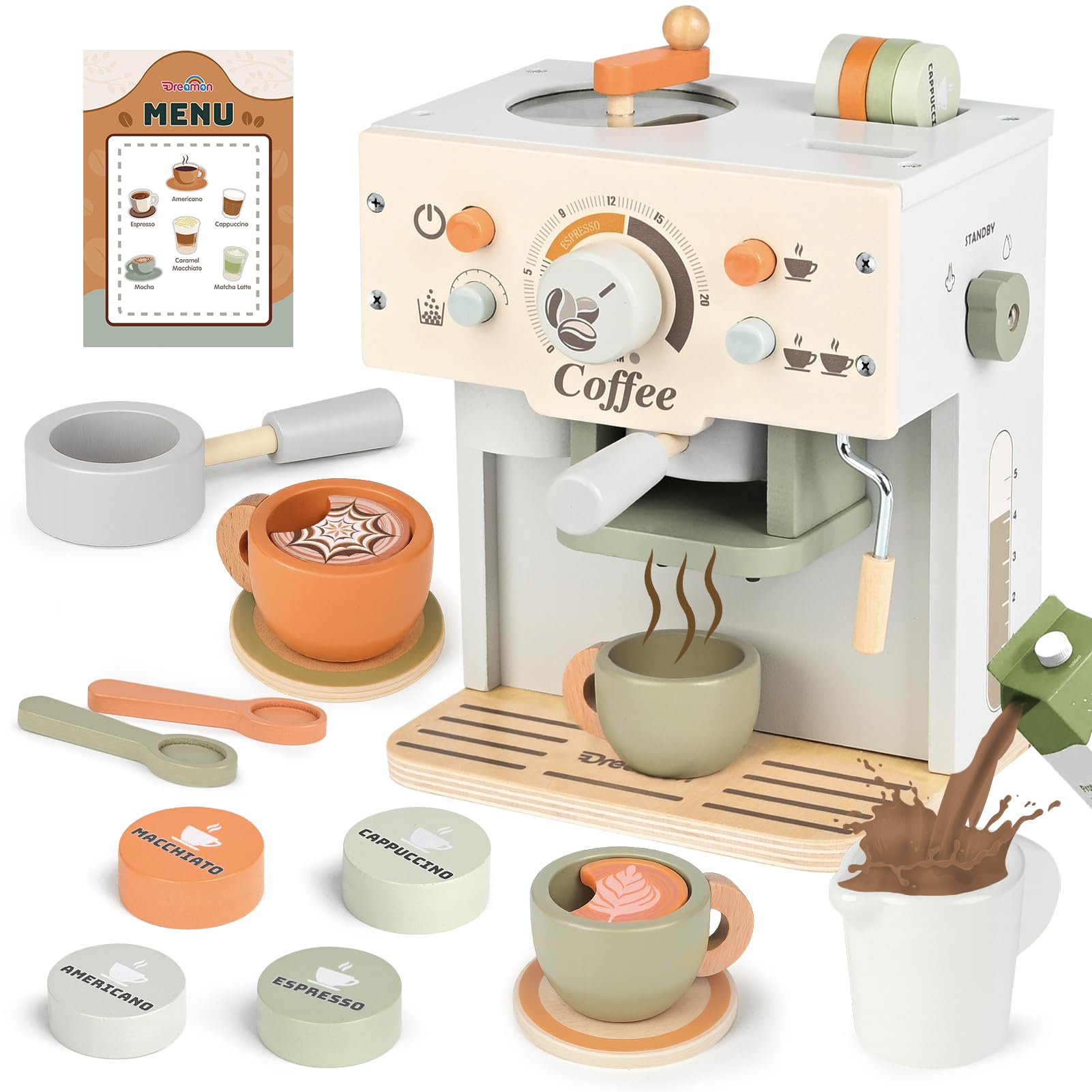 Dreamon Kaffeemaschine Kinder Holz, Kinderküche Zubehör 15 Teile, Montessori Spielzeug, Küchengeräte Kaffeeset Kinder Spielzeug, Küchen Spielzeug Geschenke Jungen und Mädchen ab 3 4 5 Jahre