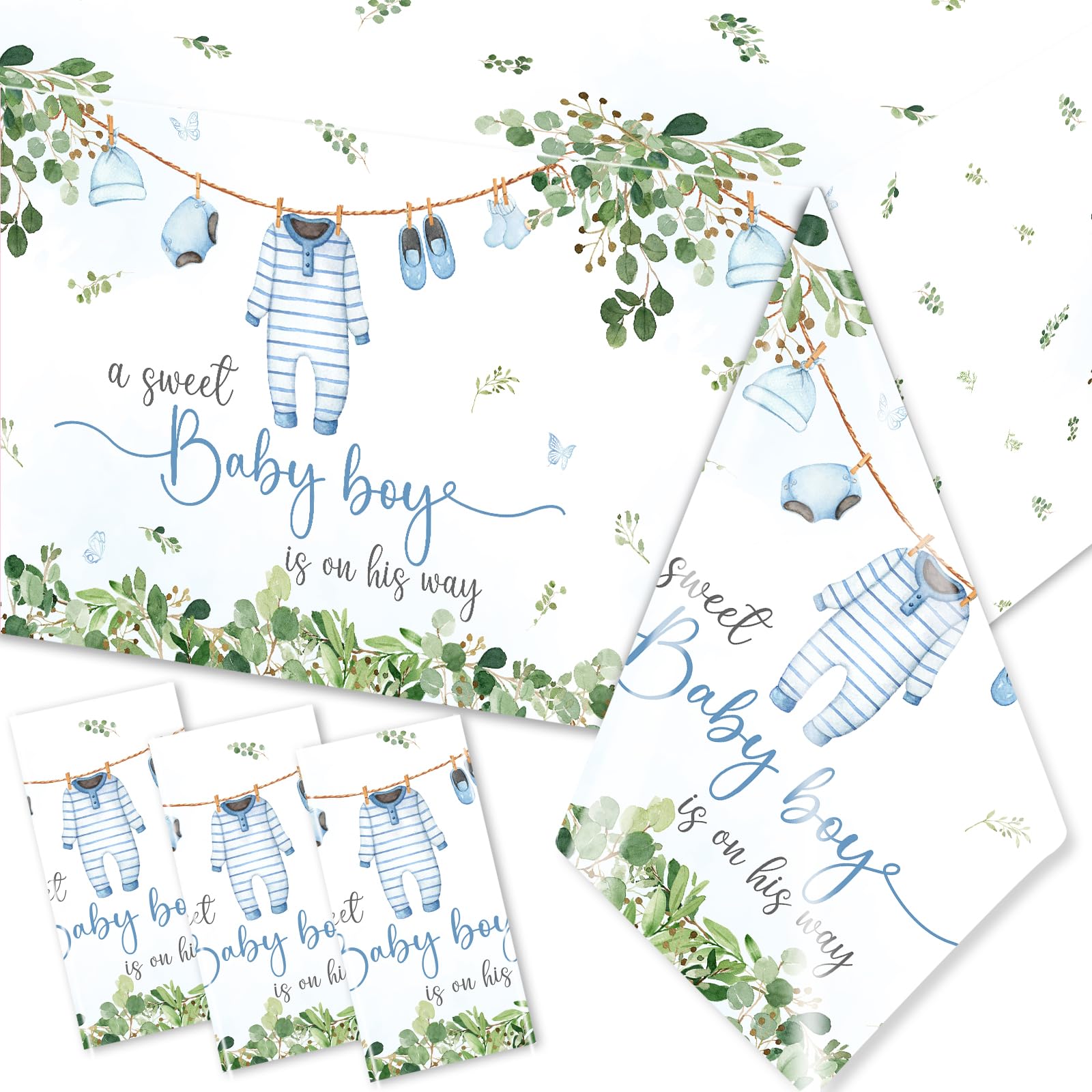 Photo 1 of 3 Pack Baby Shower Tablecloth Decoration,Watercolor Greenery A Sweet Baby Boy Is On The Way Baby Shower Decoration,Waterproof Greenery Baby Shower Tablecloth for Boy Gender Reveal Party Decoration
