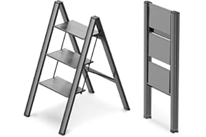 WOA WOA 3 Step Ladder, Foldable Step Stool, Aluminum Lightweight Ladder for Home Kitchen Closet, Anti-Slip Pedals, Ease of Folding, Portable, 300lbs Capacity - Black