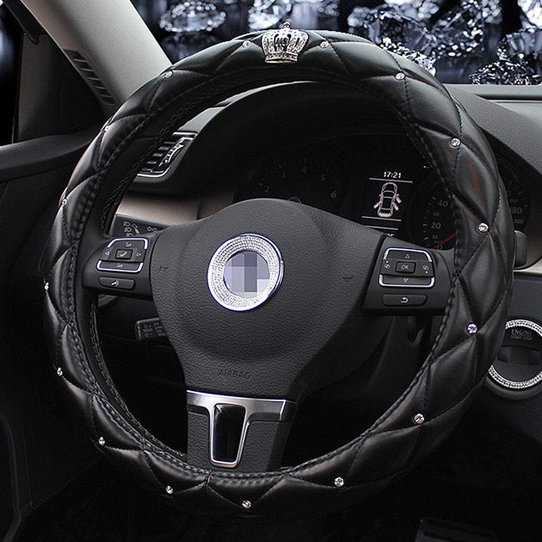 Queen's Auto Steering Wheel Cover with Noble Crown + Bling Diamond + Soft Leather Car Stylish Series Universal 15"/38cm (Queen ONLY) (Black): Automotive