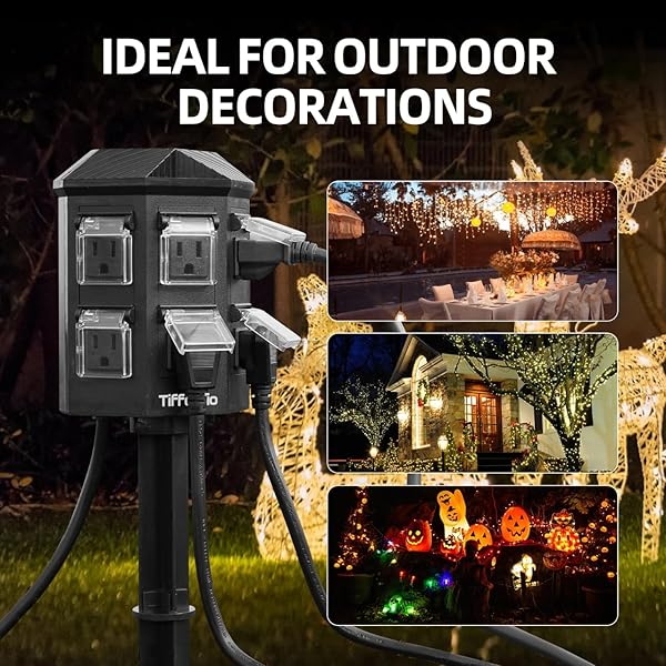 TIFFCOFIO OUTDOOR POWER STRIP WATERPROOF, 24 HOUR MECHANICAL TIMER, 6 FT EXTENSION CORD, 6 GROUNDED OUTLETS FOR OUTDOOR LIGHTS, ETL LISTED (100 FT)