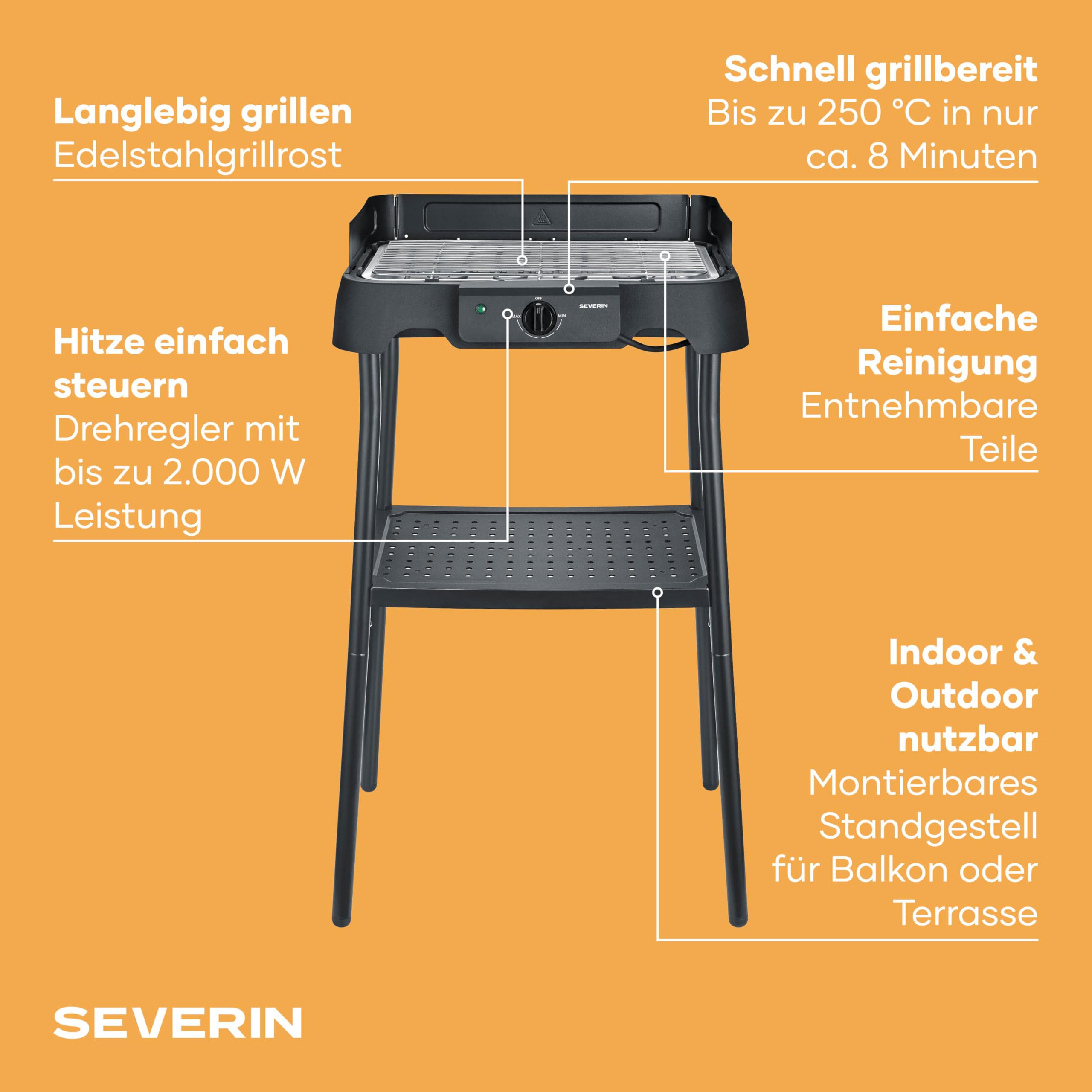 Elektrogrill mit Standfuß, einstellbare Temperatur 35-200 Grad Celsius, schnelles Aufheizen, 38x22cm, Tischgrill mit Auffangschale, Edelstahl-Grillrost, Balkongrill, 2000W, schwarz, PG 8594