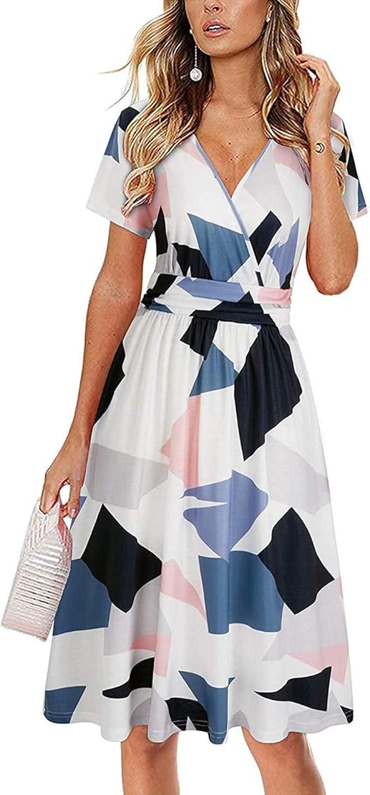 Fashion Women Short Sleeve Floral Wrap Dresses Ladies Deep V neck Ruffles Sashes Asymmetrical 