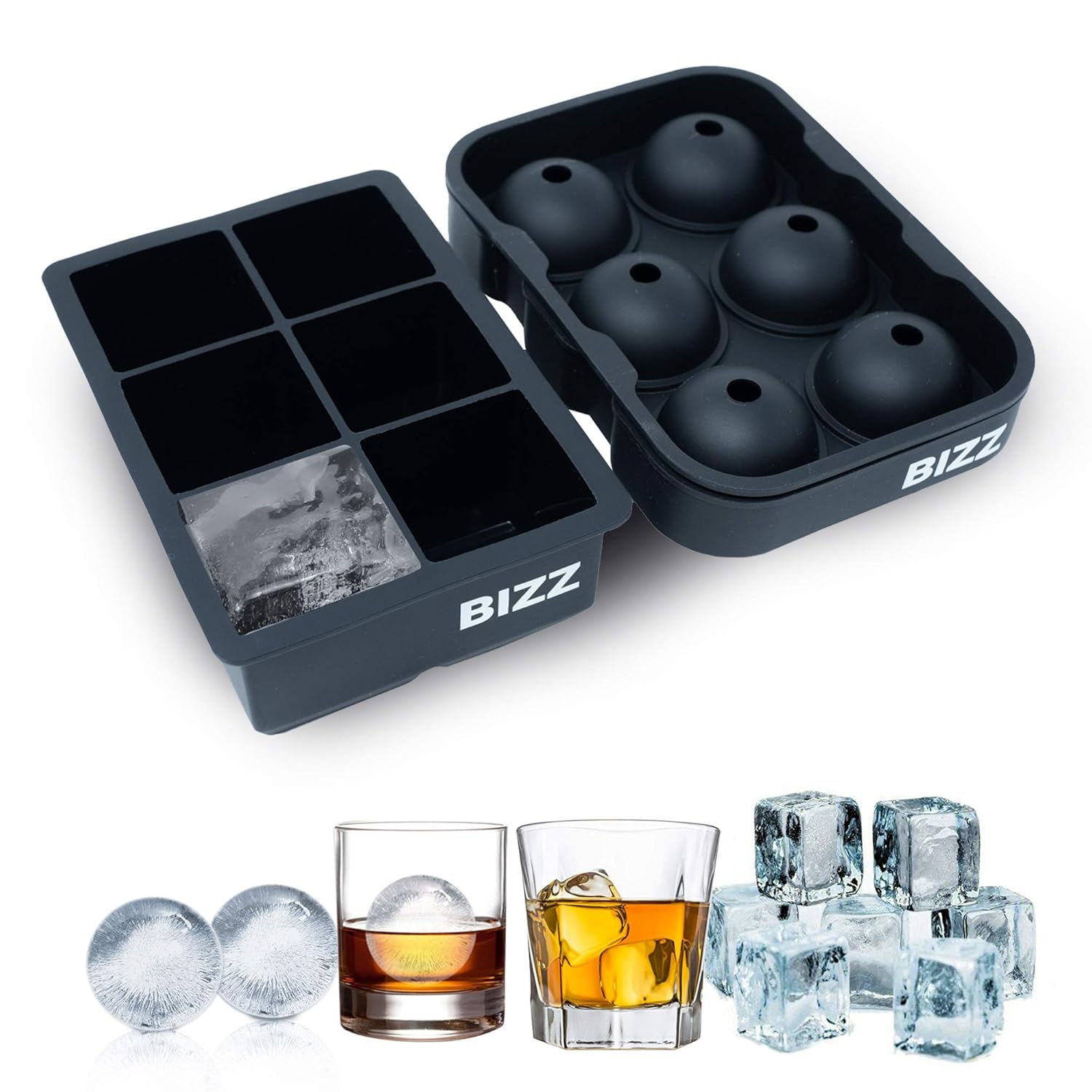 Bizz Silicone Ice Molds (2Tray Set) Sphere and Cube Combination