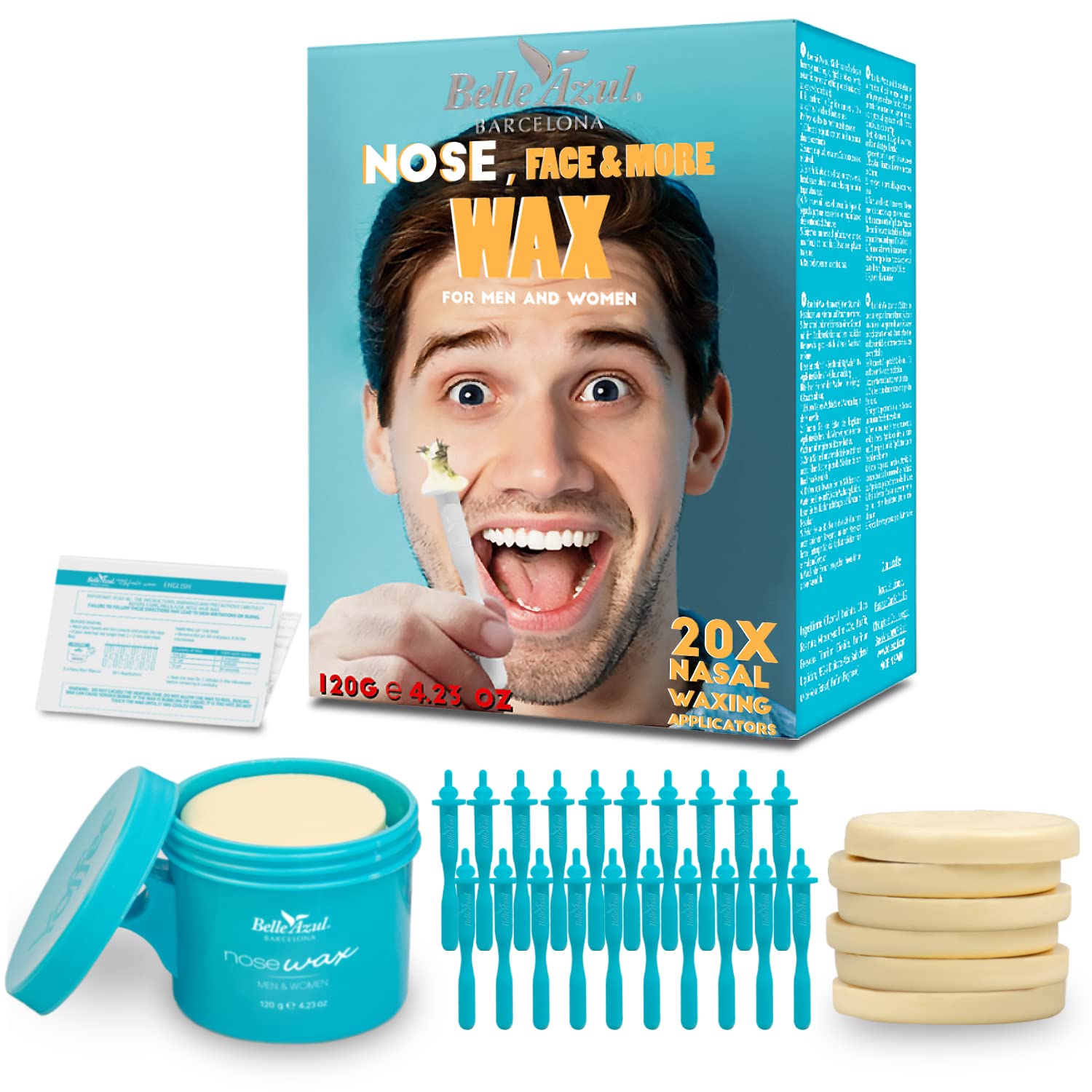 Belle Azul Nose Wax Kit - Nasal Hair Removal with Natural Beeswax 120g - Reusable Sticks with Anti-Spill Technology - Quick and Painless Method - 20 applicators - Made in Spain