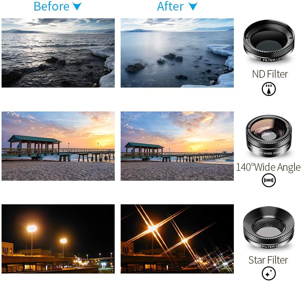 Updated Version Apexel 6 In 1 Phone Camera Lens Kit Wide Angle Lens + Macro Lens + Fisheye Lens + ND Filter+ CPL/Star Filter Clip-On Phone for iPhone 8/x 7/Plus Samsung S8 Android Smartphones - Image 5