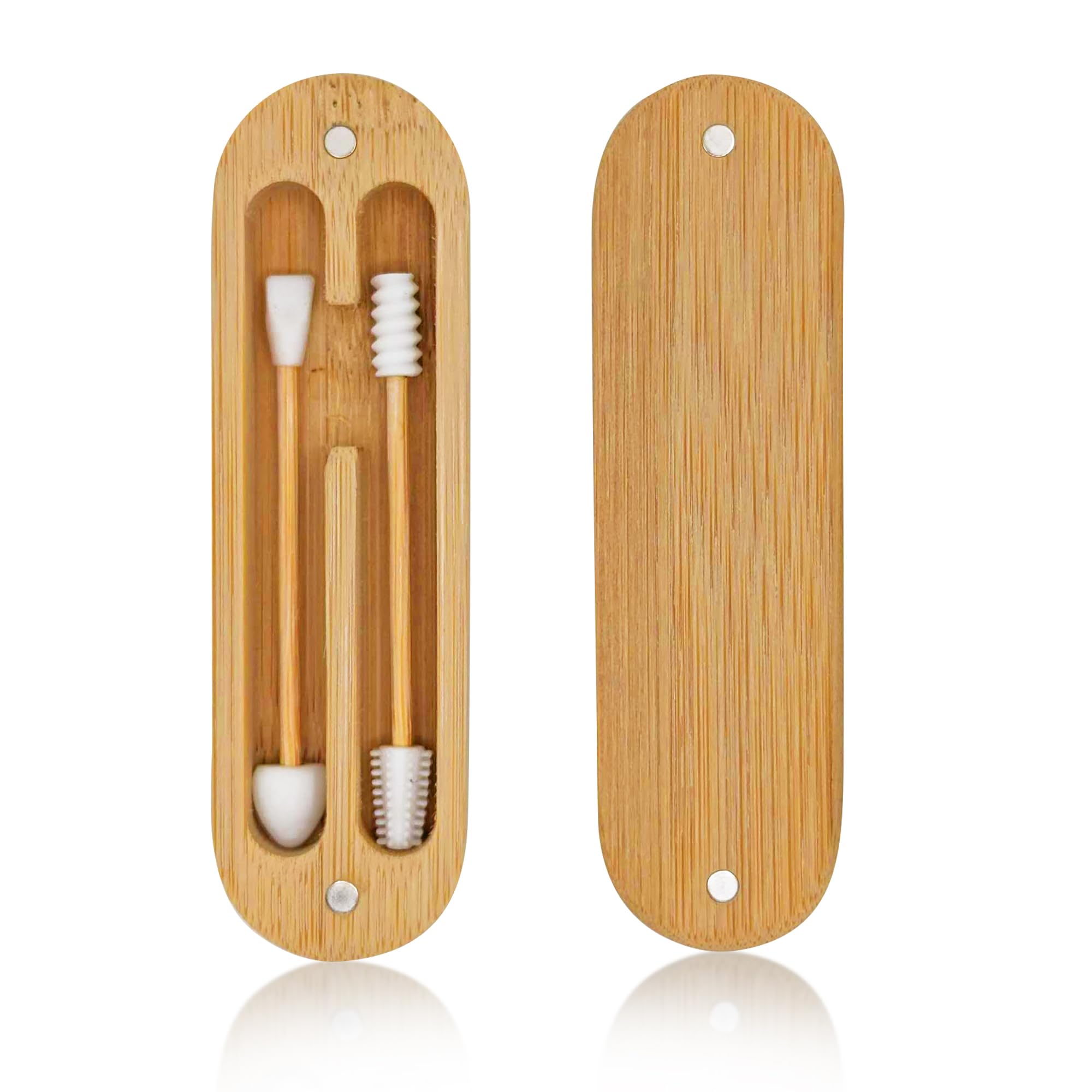 Eco Essentials Reusable Ear Buds for Cleaning Ears & Applying Make-up, Inc Magnetic Bamboo Travel Case - Easy to Wash, Eco-Friendly & 100% Recyclable - Made with Premium Grade Silicone