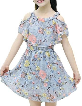【クリックで詳細表示】BSCOOLガールズ ワンピース 半袖 オフショルダー かわいい シフォンワンピース 花柄 おしゃれ 韓国ファッション キッズワンピース 90-160cm対応