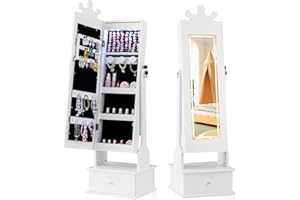 HONEY JOY Kids Jewelry Armoire Cabinet with Lights, Crown Theme Wooden Standing Jewelry Organizer with Full-length Mirror and Storage Drawers, Children Dress Up Jewelry Cabinet for Little Girls(White)