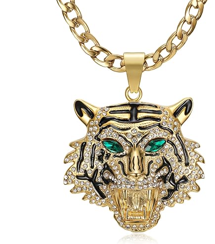 Tiger Head Pendant Necklace for Men - Green Eye, Hip Hop Style