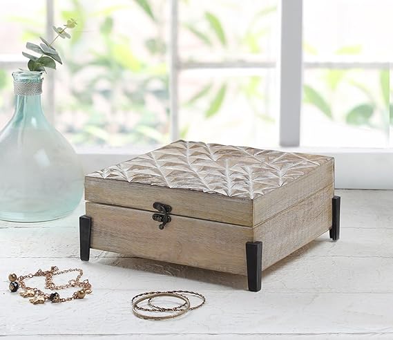 storeindya Handmade Wooden Jewelry Box - Keepsake Box - Storage Organizer Multipurpose Box - Treasure Chest - Trinket Holder for Women Men Girls (Mystic White Collection)