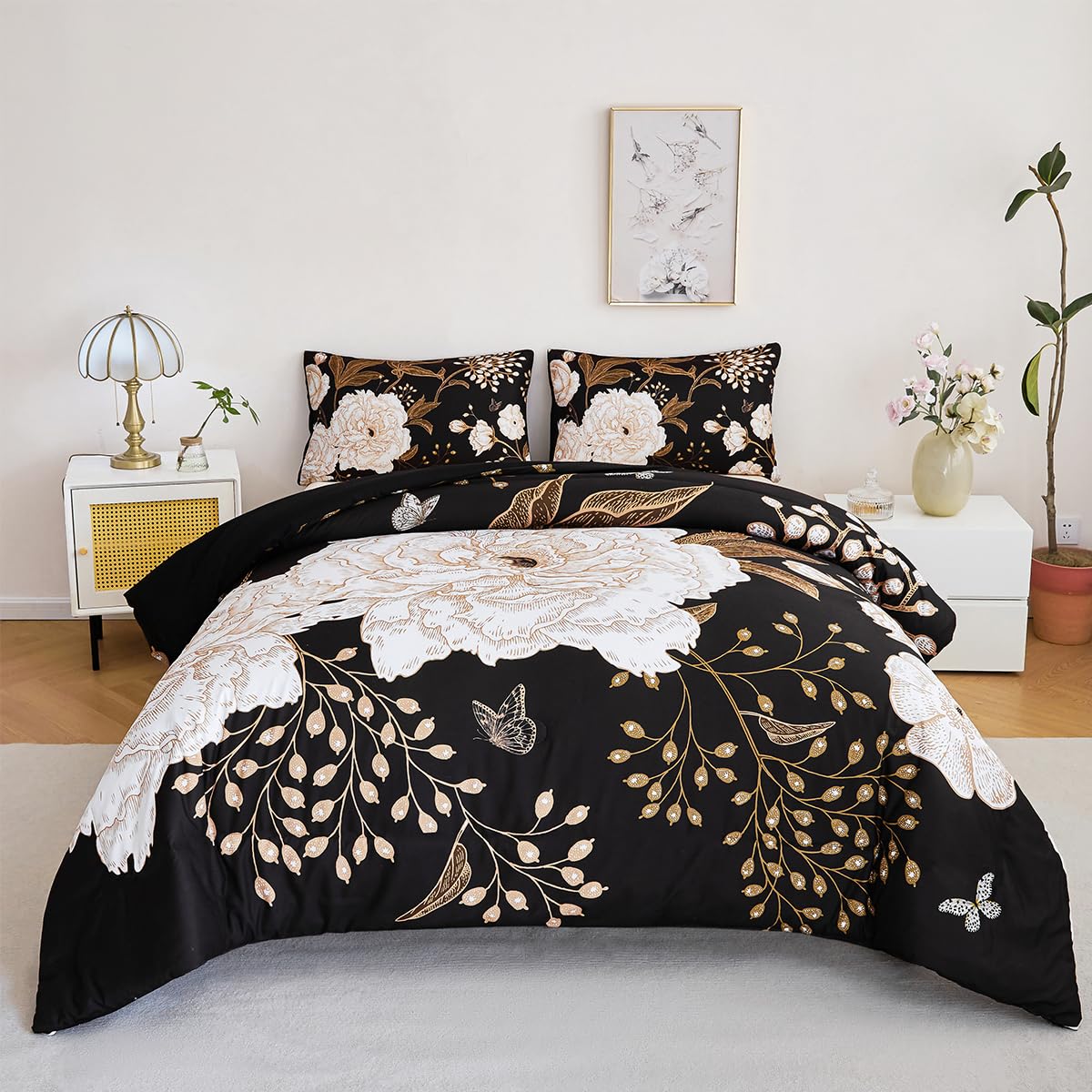 STYHO Floral Duvet Cover Set Black King 3Pcs Farmhouse White Flower and Butterfly Printed Bedding Set Soft Microfiber Botanical Themed Duvet Covers with Pillowcases(Black, King)