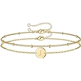 MONOZO Gold Initial Bracelets for Women Girls - Dainty 14K Gold Plated Layered Beaded Letter Initial Bracelet 26 Alphabet Disc Monogram Charm Bracelet Jewelry Gifts for Her