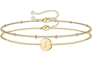 MONOZO Gold Initial Bracelets for Women, Dainty 14K Gold Filled Layered Beaded Letter Initial Bracelet Personalized 26 Alphabet Disc Monogram Charm Bracelet Jewelry Gifts for Girls