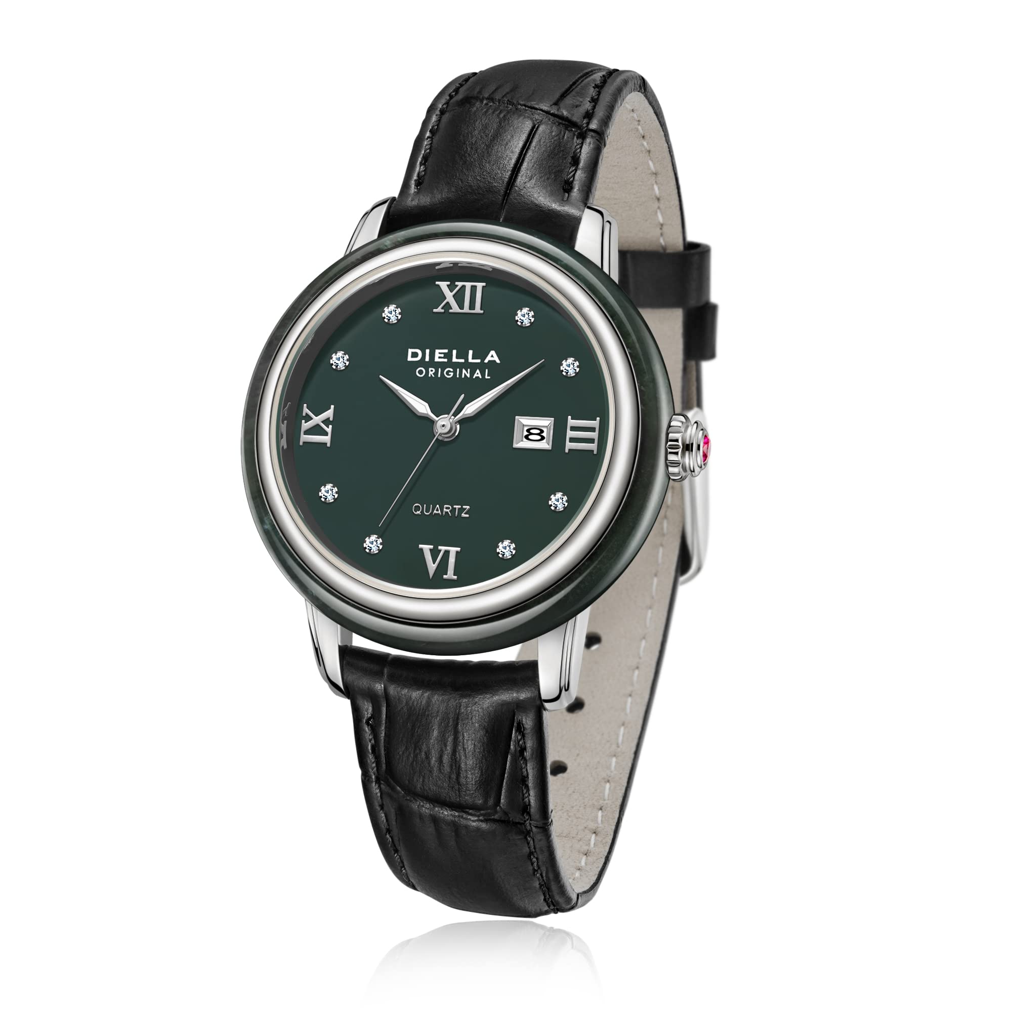 Diella Watches for Women Jade Inlay and Rhinestones Inlaid on The Plate Crown with Ruby Leather Strap, 5ATM Waterproof, Date Luminous for Luxurious, Fashionable Gift Women