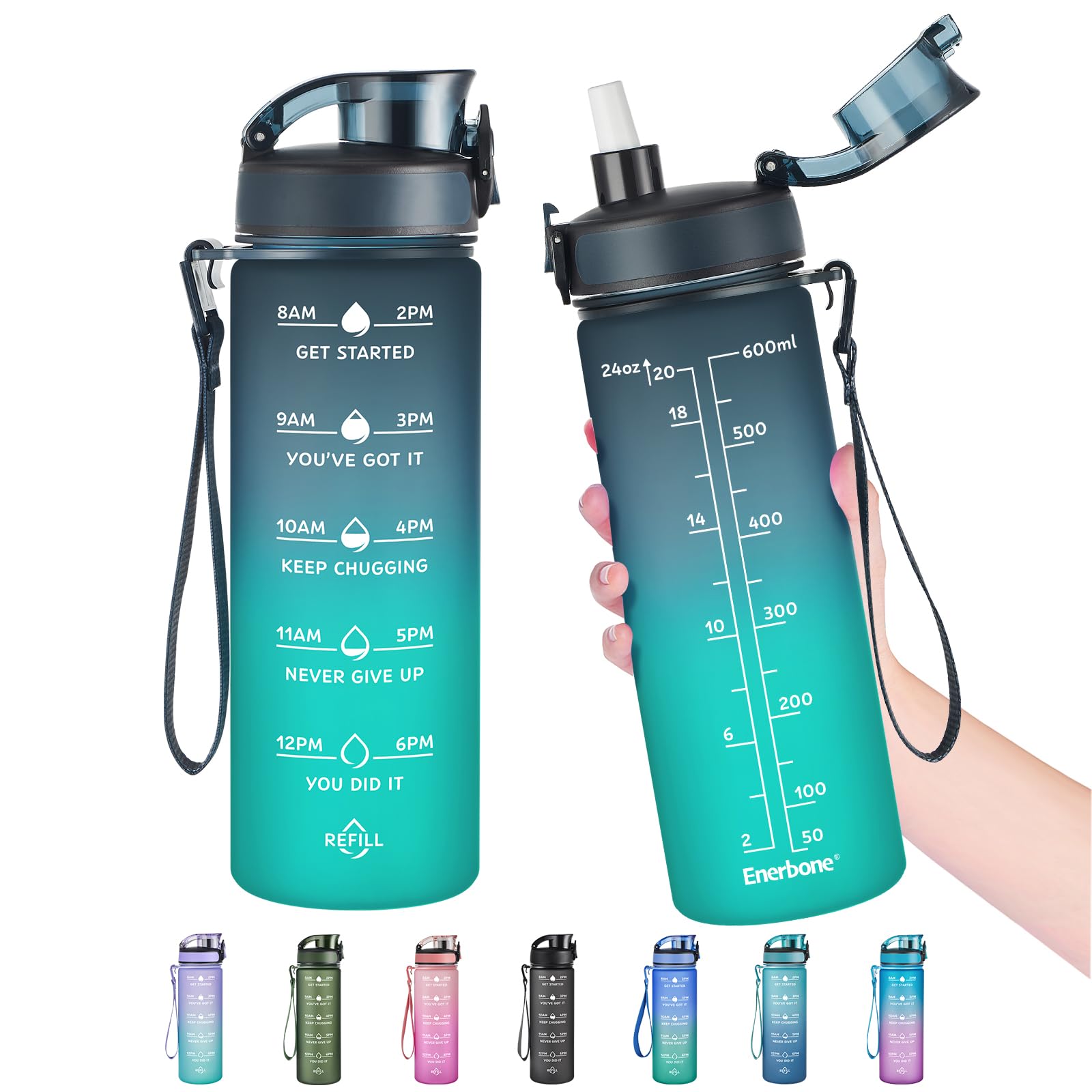 Photo 1 of Enerbone 24 oz Water Bottle, Leakproof BPA & Toxic Free, Motivational Water Bottle with Times to Drink and Straw, Fitness Sports Water Bottle with Strap for Office, Gym, Outdoor Sports