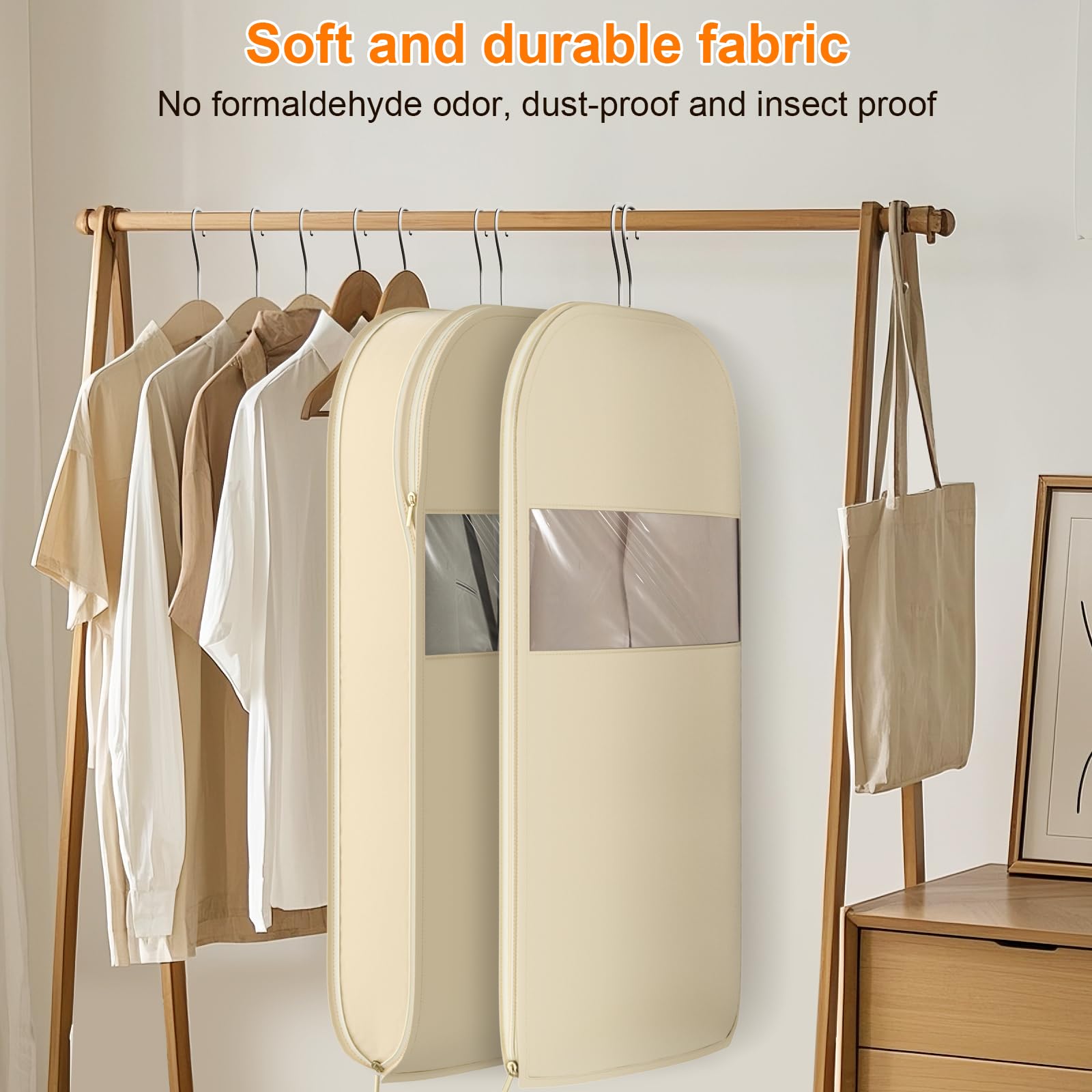 Space Saving Hanging Garment Bag with Self Compression Zipper, Thick Dustproof Garment Bags for Hanging Clothes, Space Saving Garment Bags with Compression Zip Technology (Beige, 44 * 23 * 6IN)