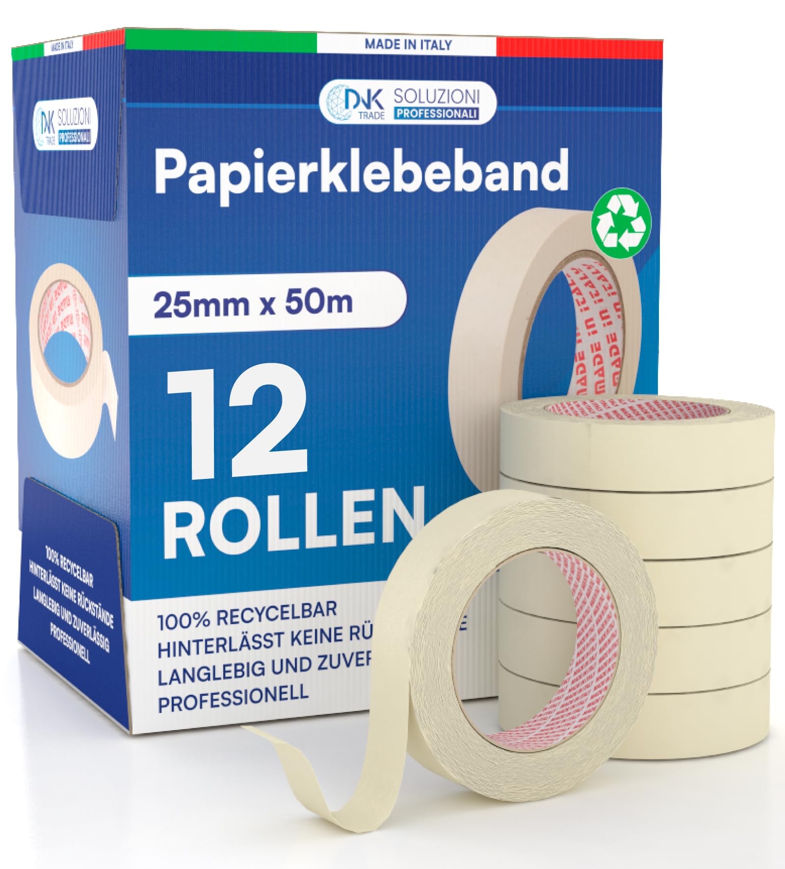 12x Malerband 25mm x 50m - Malerkrepp Kreppband - Vielseitiges Klebeband für Malerarbeiten ohne Lösungsmittel - Abklebeband