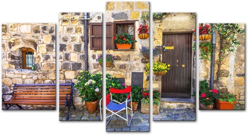 Wall Art Decor Poster Painting On Canvas Print Pictures 5 Pieces Charming Streets of Medieval Villages of Italy Bolsena Country Streetscape Framed Picture for Home Decoration Living Room Artwork