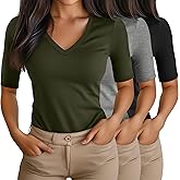 Ficerd 3 Pack Women's Half Sleeve V Neck T Shirts, Cotton Elbow Length Sleeve Shirt Slim Fit Tunic Top Casual Summer Tee(Black, Army Green, Light Gray,Large)