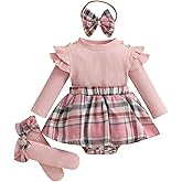 Awwpiely Newborn Baby Girl Holiday Outfit Long Sleeve Plaid Skirt Romper Dress Headband Socks Set Fashion Fall Winter Clothes