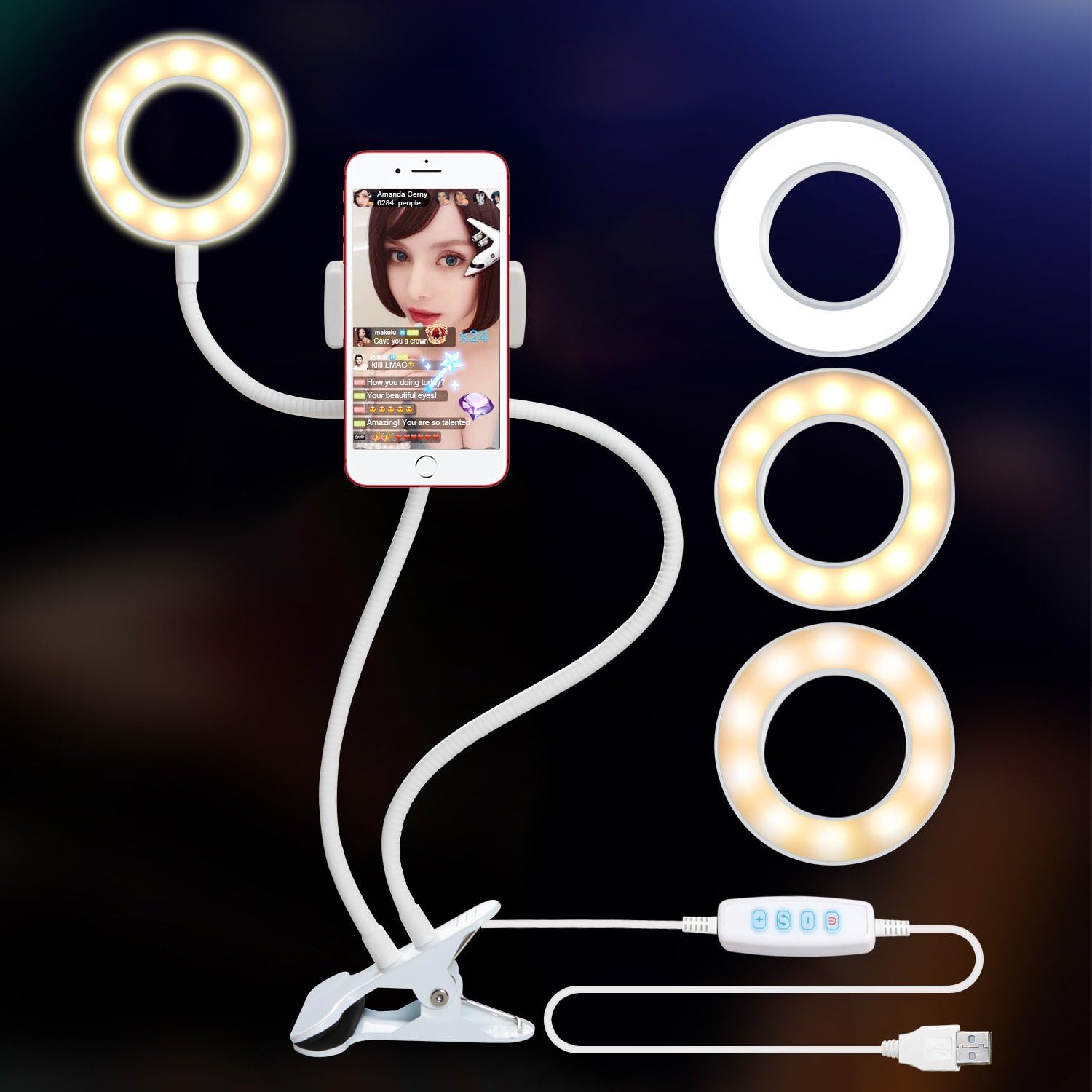 Ring Light with Cell Phone Holder for Live Stream, Dimmable [3-Light Mode][9-Level Brightness] Clamp on Selfie Light with Lazy Bracket for Youtube, Facebook, iphone8,7,6/plus/X,Samsung,HTC
