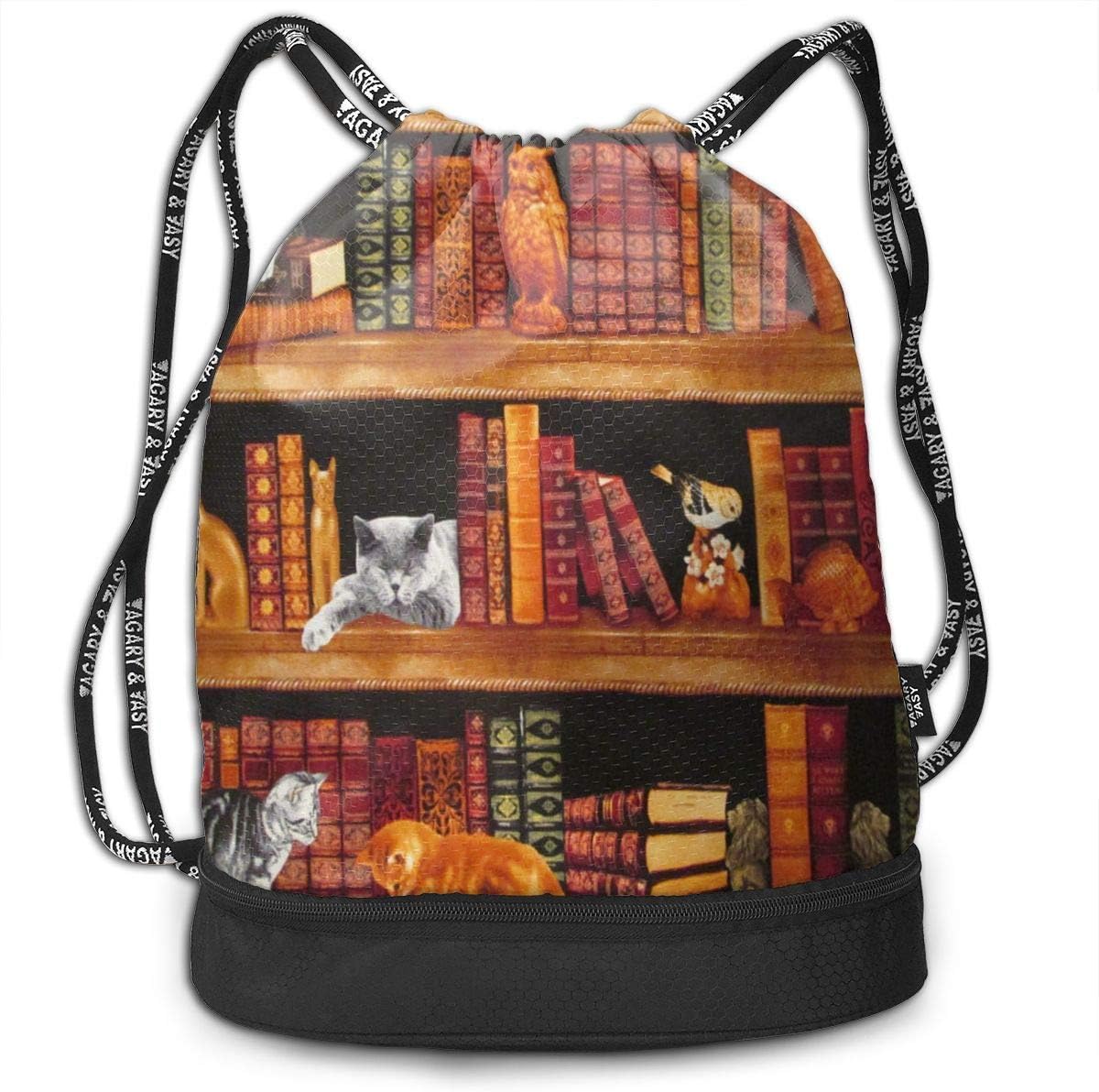 Yehudi Bronte Drawstring Rucksack Cats Book Shelves Stacked Books For Gym Hiking Travel