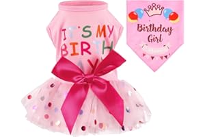 Fuyamp Dog Birthday Dress, Girl Puppy Skirt Clothes Pink Dog Tulle Dress with Bandana for Small Dogs Cotton Dog Wedding Dress, Dog Birthday Outfit Summer Clothes for Pets Party Costume
