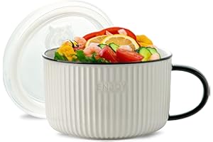 Ceramic Soup Bowl with Lid, Soup Mug with Hand and Airtight Lid, Large Microwave Soup Cup for Cereal, Salad, Ramen and Instan