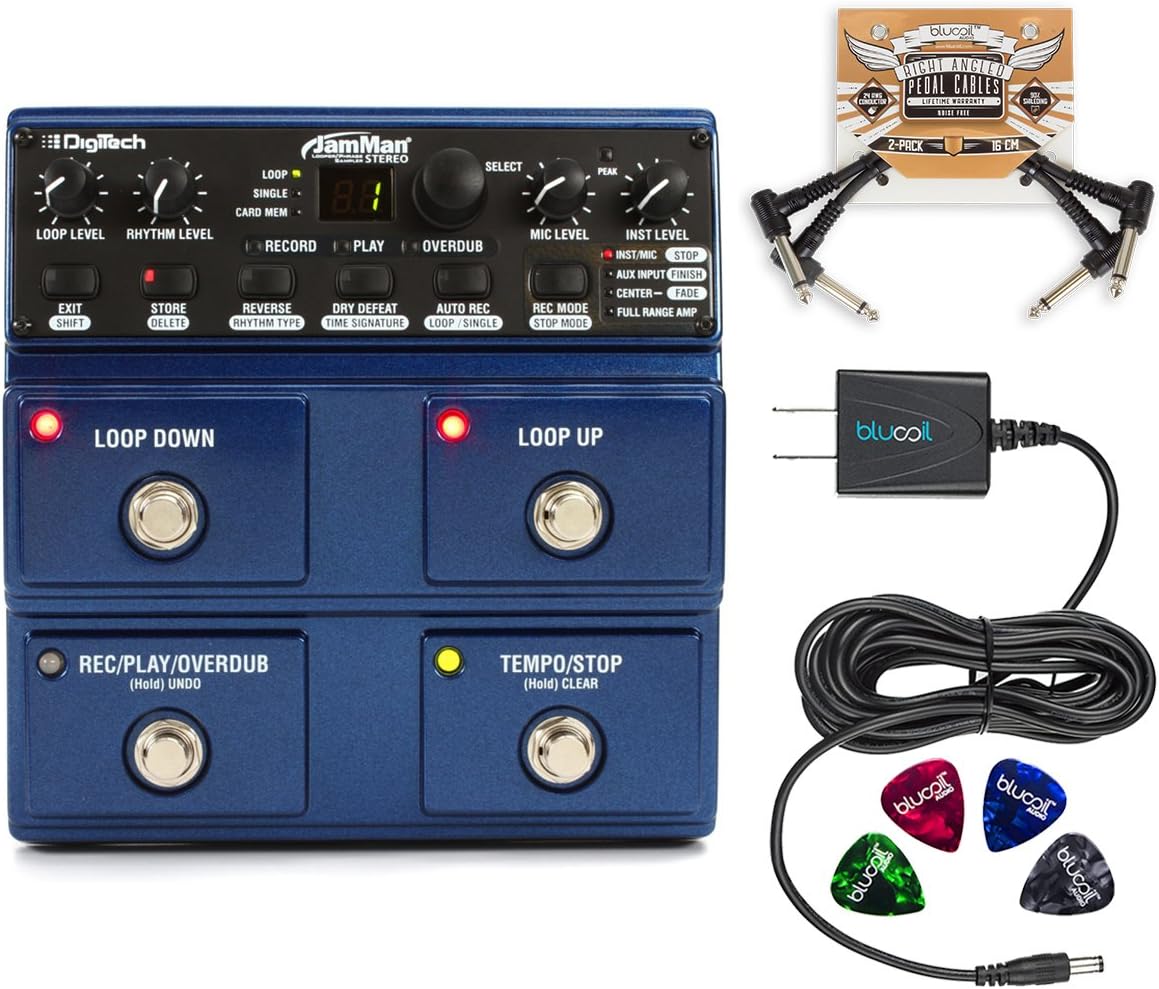 DigiTech JML2-U JamMan Stereo Looper Pedal Bundle with JamManager Loop Librarian Software, Blucoil Slim 9V Power Supply AC Adapter, 2-Pack of Pedal Patch Cables, and 4-Pack of Celluloid Guitar Picks