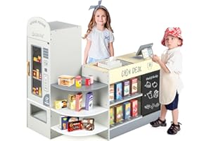 HONEY JOY Kids Grocery Store Playset, Wooden Supermarket Playset w/Cash Register & Vending Machine Toy, Blackboard, Checkout 