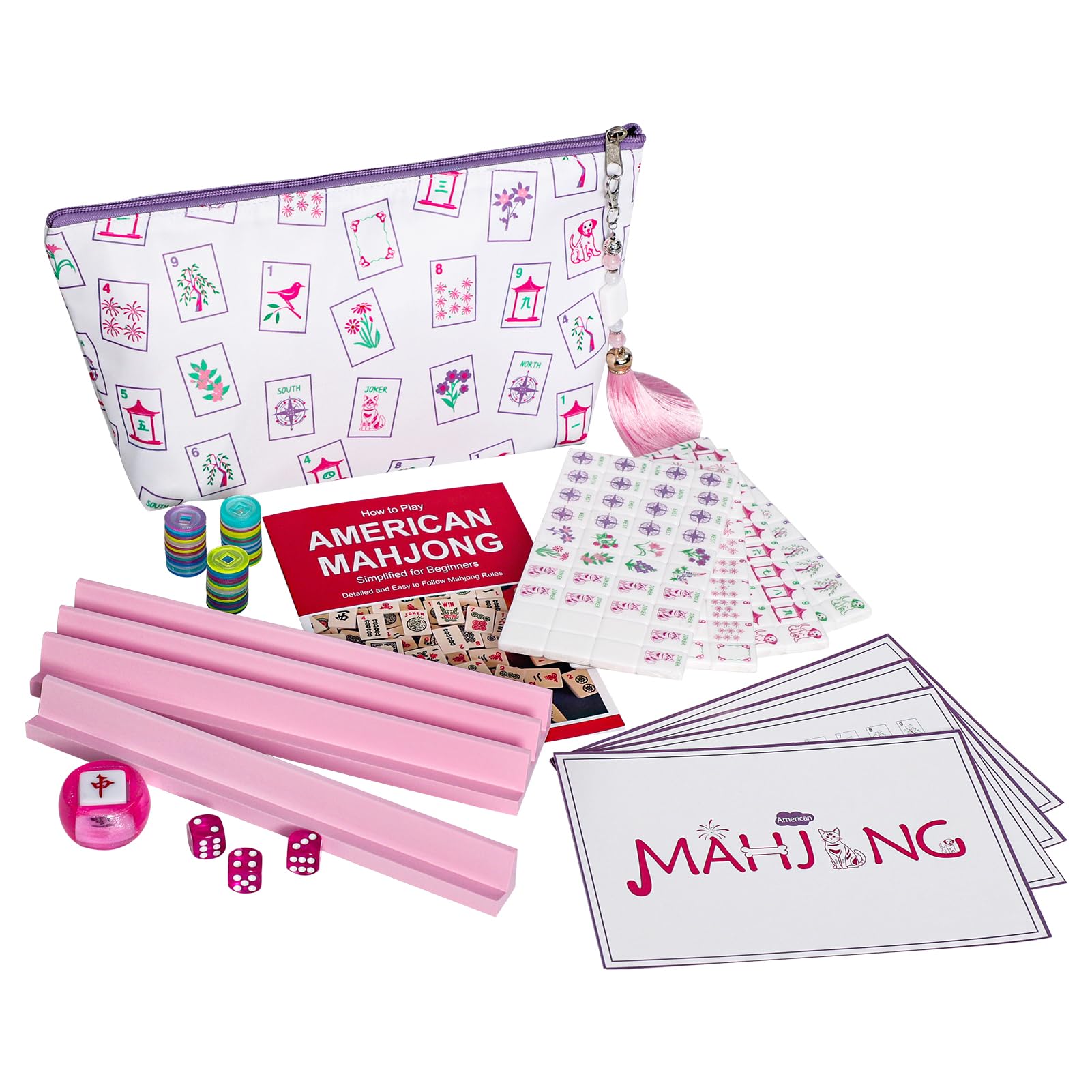 Photo 1 of GUSTARIA Mini Mahjong Set, American Mahjong Game Set with 160 Acrylic Tiles, 4 Pink Racks & Thickened White Carrying Bag and Accessories, Portable Travel Mahjong Tiles Set