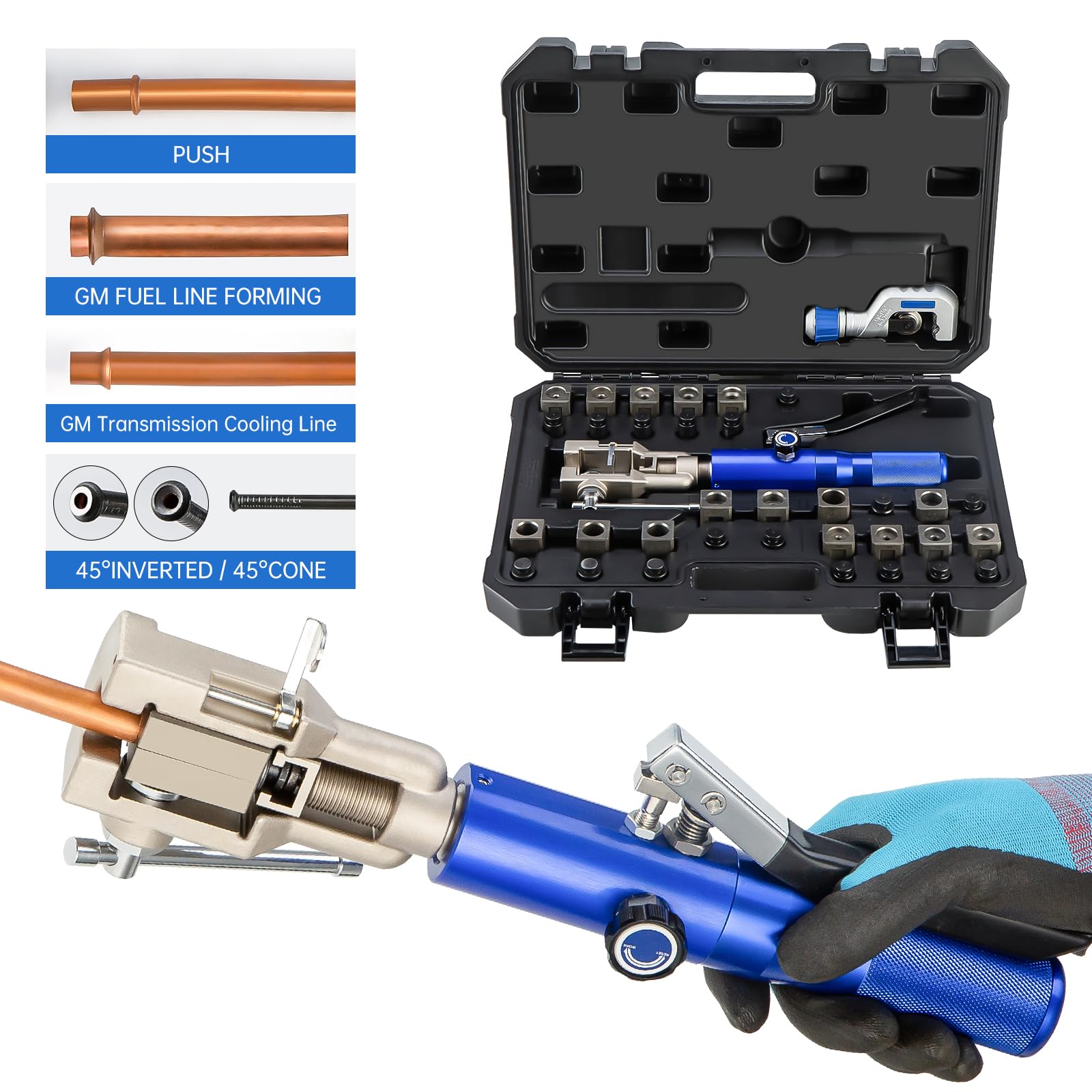 Photo 1 of Hydraulic Flaring Tool Kits, 45° Double Flaring Tools, Brake Repair Brake Flaring Tool for 3/16"-1/2", Brake Flare Tool with Tube Cutter, 33PCS Flaring Dies for Copper Line, Steel Pipe and GM Reparing