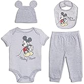 Disney Mickey Mouse Baby Bodysuit Pants Bib and Hat 4 Piece Outfit Set Newborn to Infant