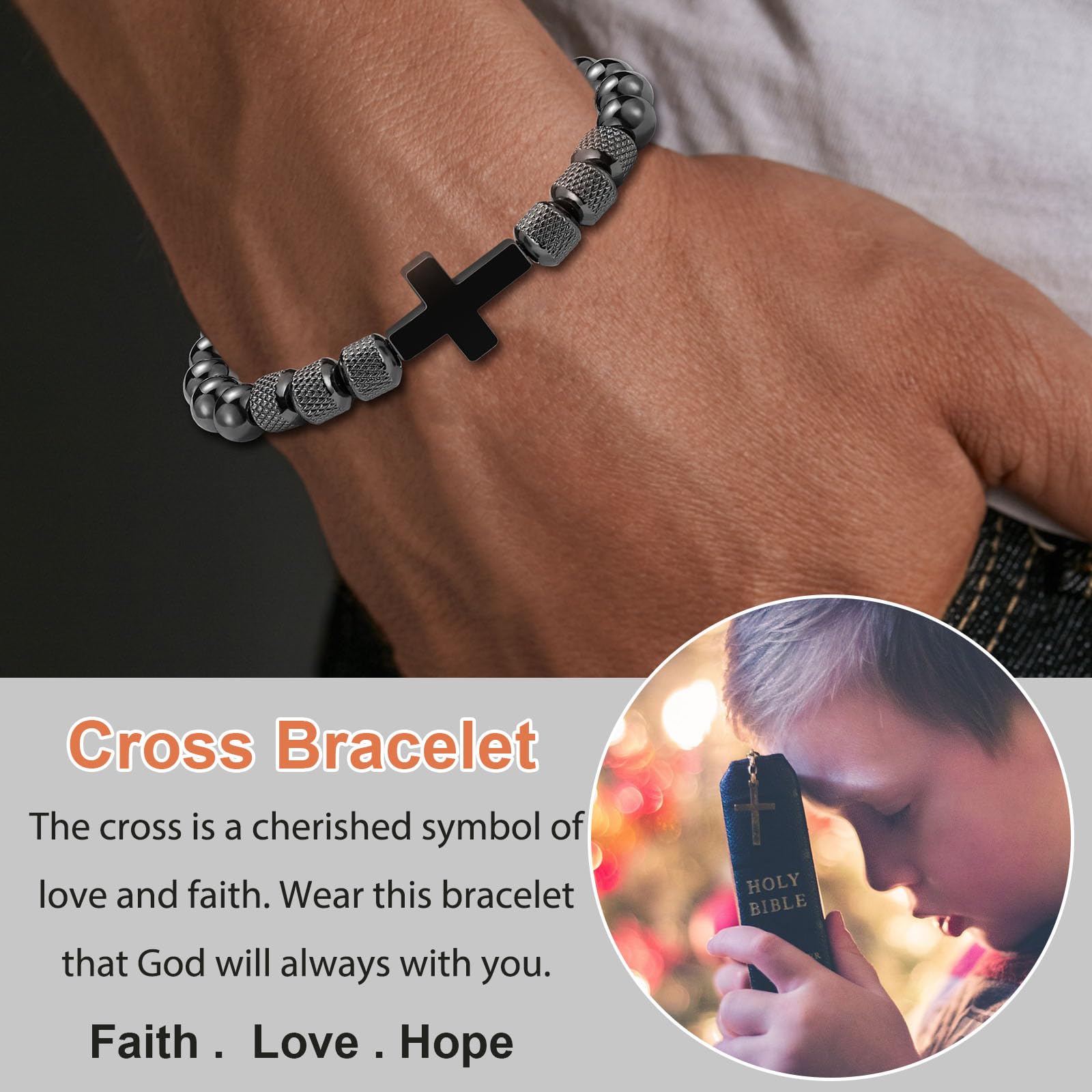 VULETO Cross Bracelet Gifts for Boys Men, Adjustable Obsidian Beads Bracelet Christian Religious Bapstim Jewelry Gifts for Son Grandson Teenage Teen Boys