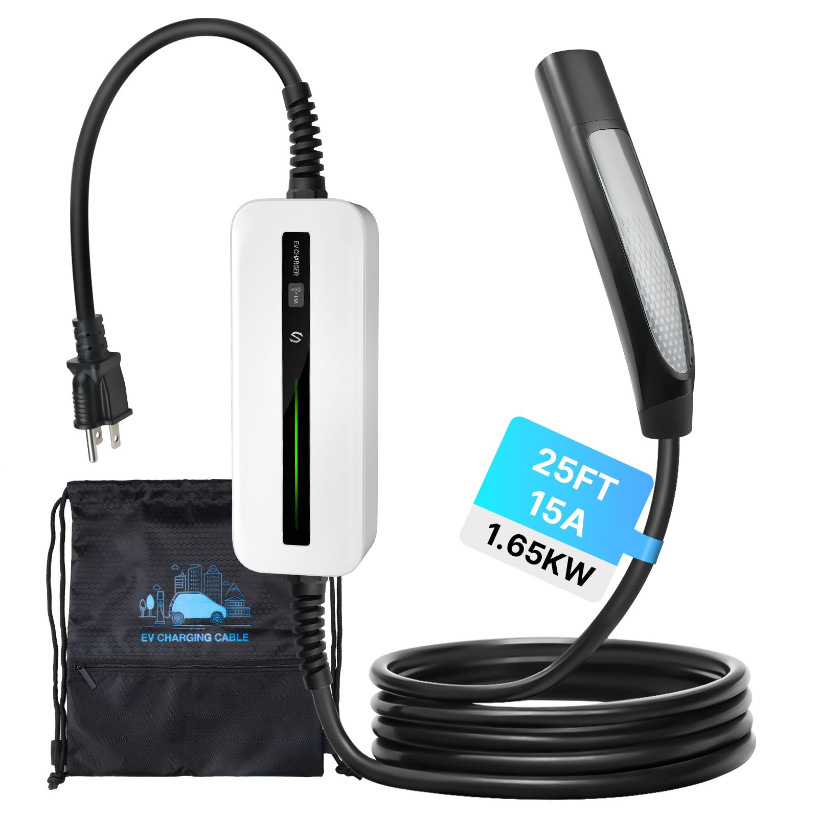 Photo 1 of Morec Level 1 EV Charger for Tesla, 15A 120V Portable Car Charger with 25ft Charging Cable for Model Y/3/S/X, Max 1.65KW Nema 5-15 Plug
