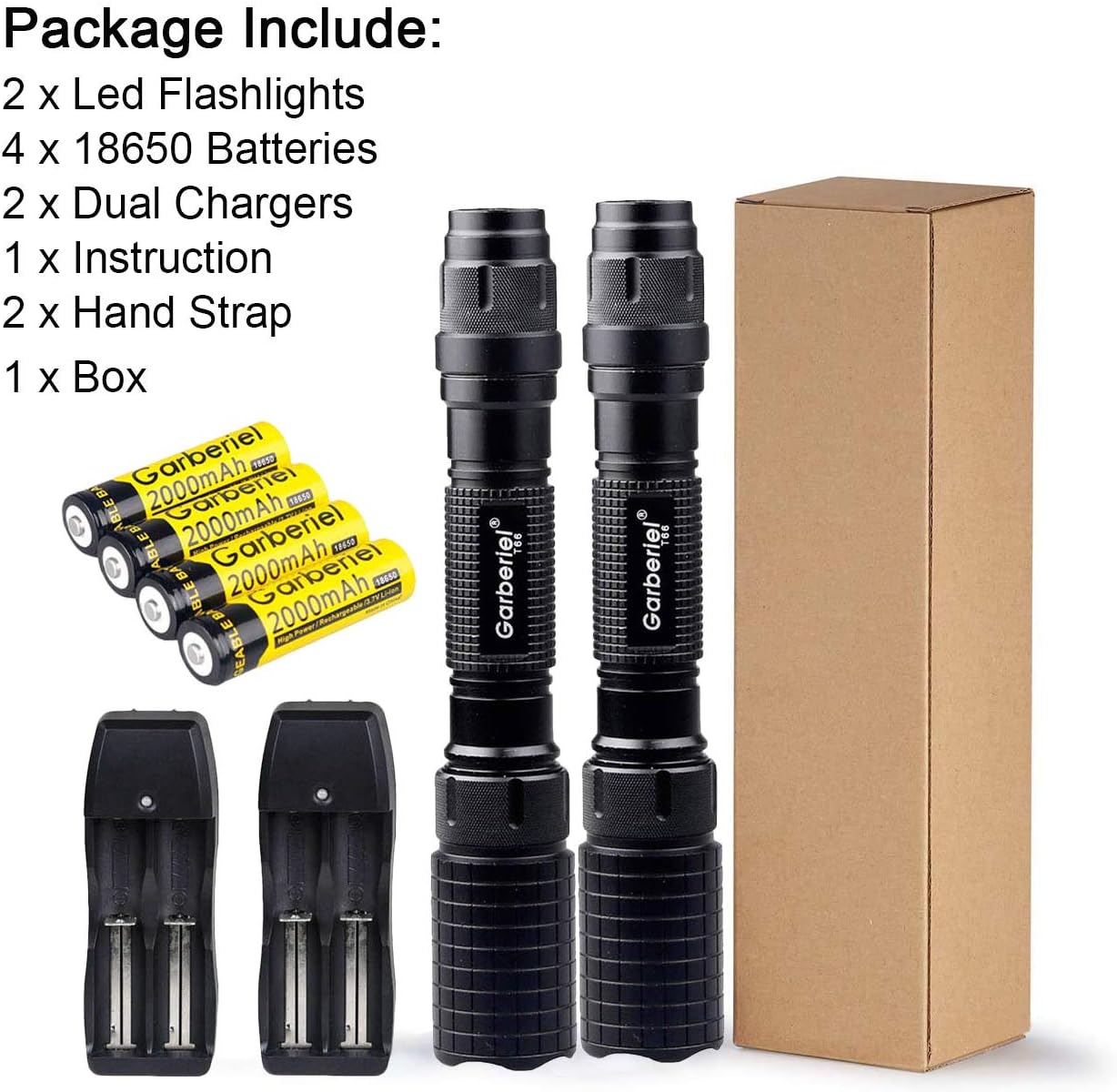 2 Sets 4000 Lumens 5 Modes LED Flashlight and Battery & Charger USA, High Lumens Flashlights, Flashlight Rechargeable - - 