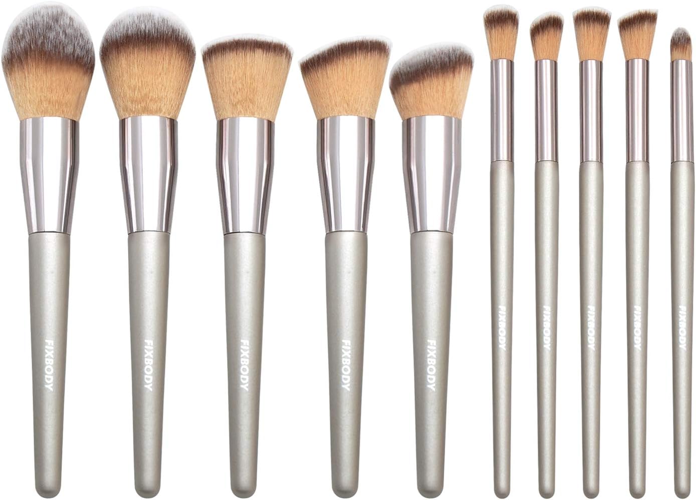 FIXBODY Makeup Brush Sets - 10 PCS Wood Handle Soft Synthetic fiber hair Kabuki Powder Blush Liquid Eyeliner Eyeshadow Lip Eyebrow Brush (Silver)