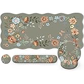 Anyshock Desk Pad Mat Green, Wrist Rest Support for Mouse Pad&Keyboard Set, Scalloped Vanity mat Protector for Makeup, Cute Floral Nail Mat, Aesthetic Desk Protector for Women's Office Home, Dorm