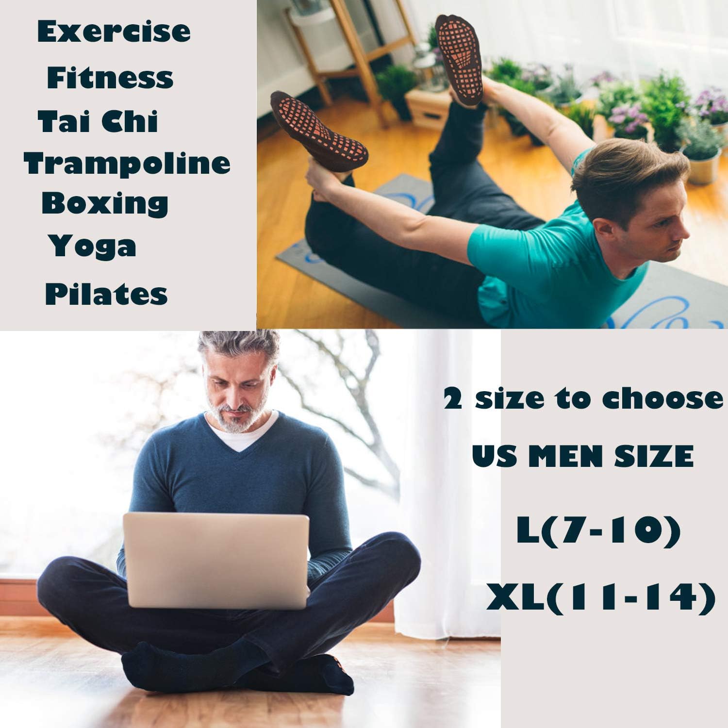 Men Anti-Skid Grips Sokcs 4 pack Yoga Barre Fitness Hospital Slipper Socks: Clothing