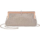 DTGN Evening Bags Clutch Purses for Women Formal, Metallic Purses Crystal Rhinestone Crossbody Handbag with Chain Shoulder Bag Sparkly for Wedding Guest Party Champagne Gold