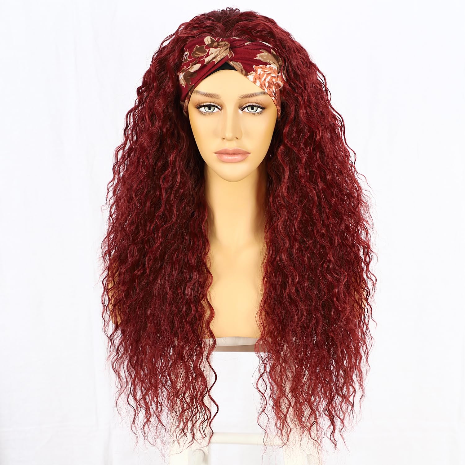 Sapphirewigs Curly Headband Wig Long Red Synthetic Hair Loose Water Wave Headband Wigs for Women Glueless 150% Density 26 inch