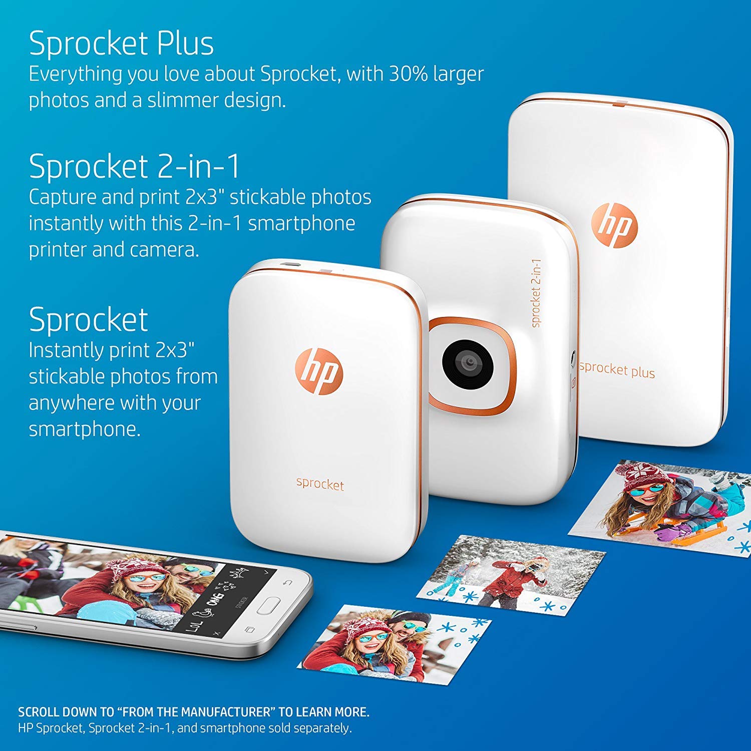 HP Sprocket Plus Instant Photo Printer, Print 30 Larger Photos on 2