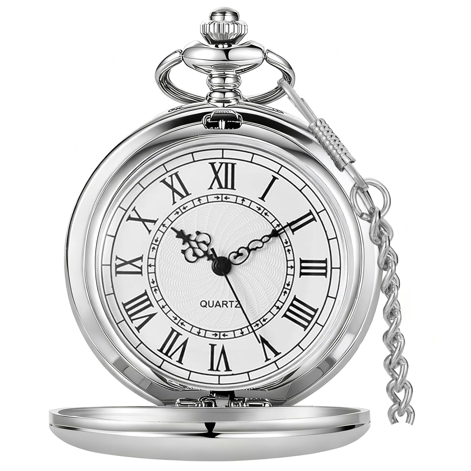 Tiong Vintage Pocket Watch with Chain Smooth Steel Quartz Unique Roman Numerals Silver Men's Pocket Watches