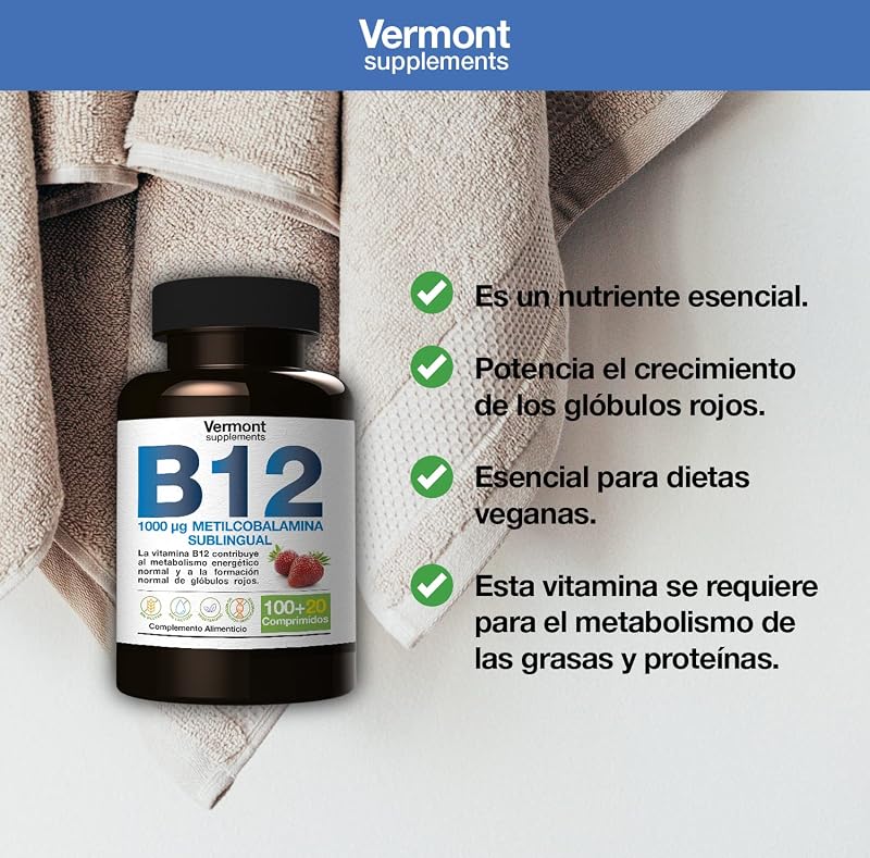 Vitamina B12 Sublingual 1000mcg - 120 Comprimidos Sabor Fresa | Suplemento Vitamínico con Metilcobalamina para el Desarrollo Celular, favoreciendo la producción de Energía | Vermont Supplements