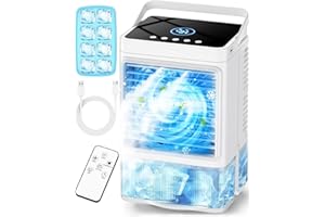 COOLECH Small Air Conditioner w/ 3 Speeds&3 Modes, Remote, 1100ML Tank Humidifier, 8-Cube Ice Tray, 120° Oscillating, 4 IN 1 Portable Air Conditioners, 7-Color Light, 4H Timer Desk AC Unit for Bedroom