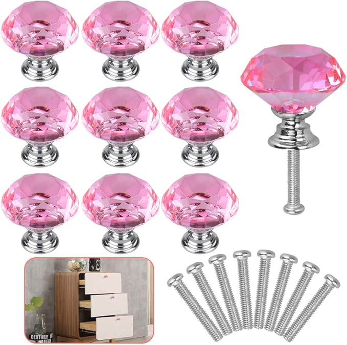 RMENOOR 10 Pack Crystal Door Knobs 30 mm Diamond Drawer Knobs Sparkle Pull Handles With