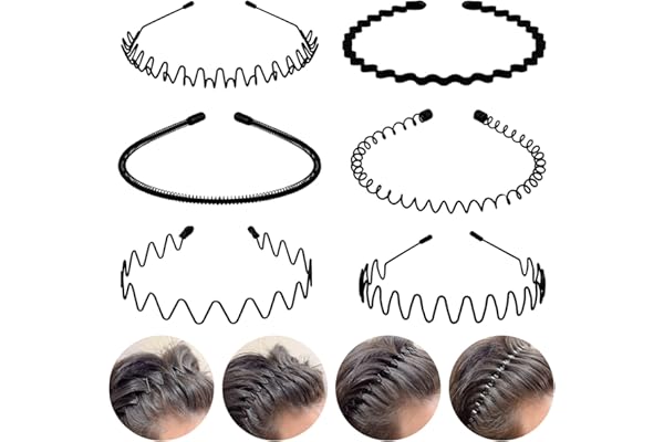 fenshine 6PCS Metal Hair Bands, Spring Wavy Hoop Unisex Black Headband Slicked Back Non Slip Sports Hairband for Women Men…