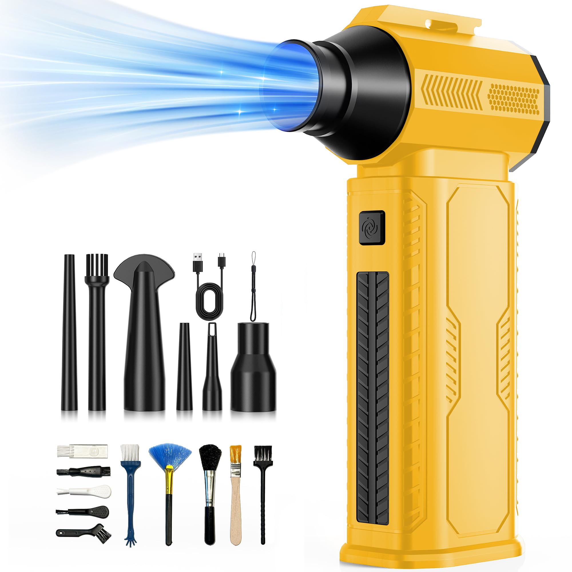 ZOAIVR Compressed Air Duster, 130,000RPM Ultra-Powerful Cordless Electric Air Duster with 8000mAh Rechargeable Battery, 4-Gear Adjustable Air Blower for Keyboard, Computer, Car, Home Cleaning - Yellow Image